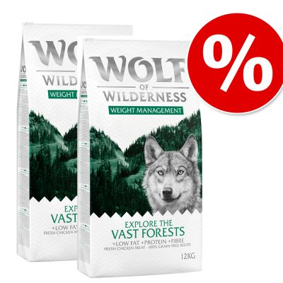 Výhodné balenie Wolf of Wilderness "Explore" 2 x 12 kg - Explore The Vast Forests - Weight Management